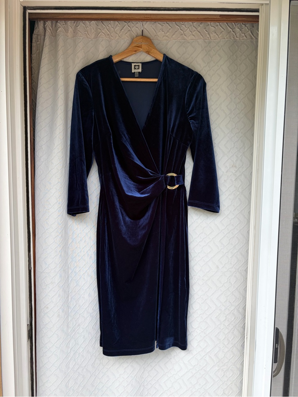 Anne Klein Navy Velvet Dress with Gold Buckle Detail